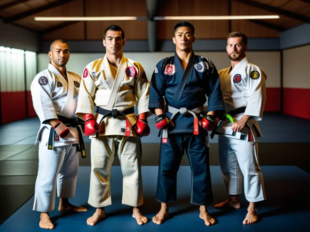 Grupo de atletas de JiuJitsu en kimonos de alta calidad con sello oficial, demostrando técnica y dedicación en un entrenamiento intenso