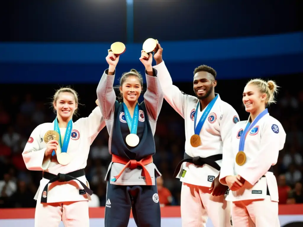 Grupo de atletas de JiuJitsu en podio de Campeonatos Mundiales JiuJitsu Prestigiosos, luciendo medallas y demostrando determinación y disciplina