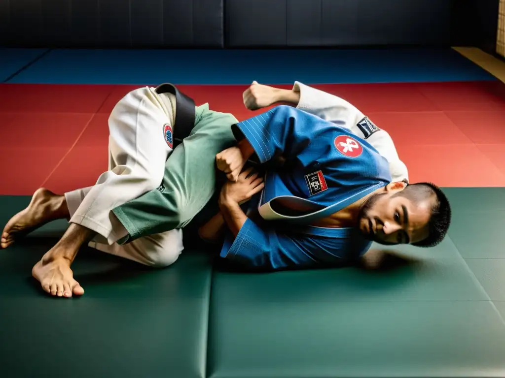 Un grupo de atletas de jiujitsu profesional entrenando con determinación en kimonos de alta calidad en un dojo tradicional