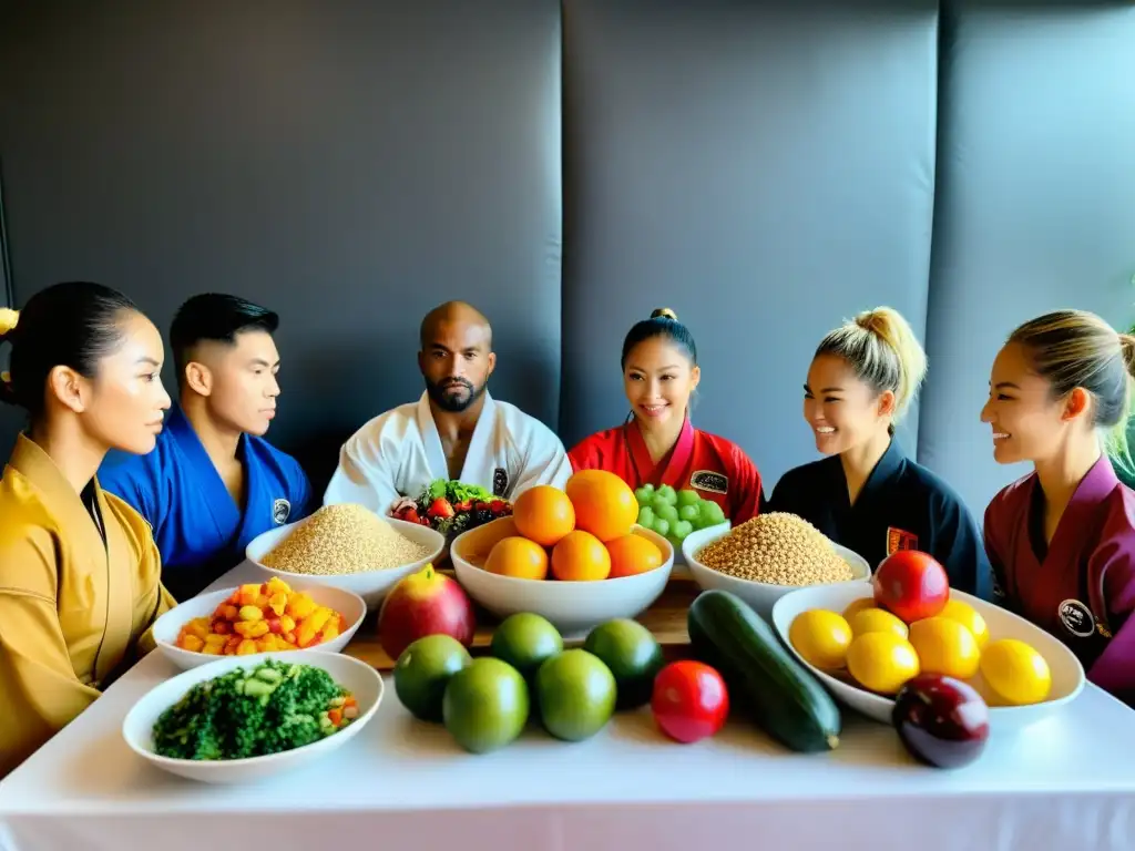 Grupo de atletas marciales de élite se reúnen en torno a una mesa llena de comidas coloridas y nutritivas, preparándose para entrenamiento