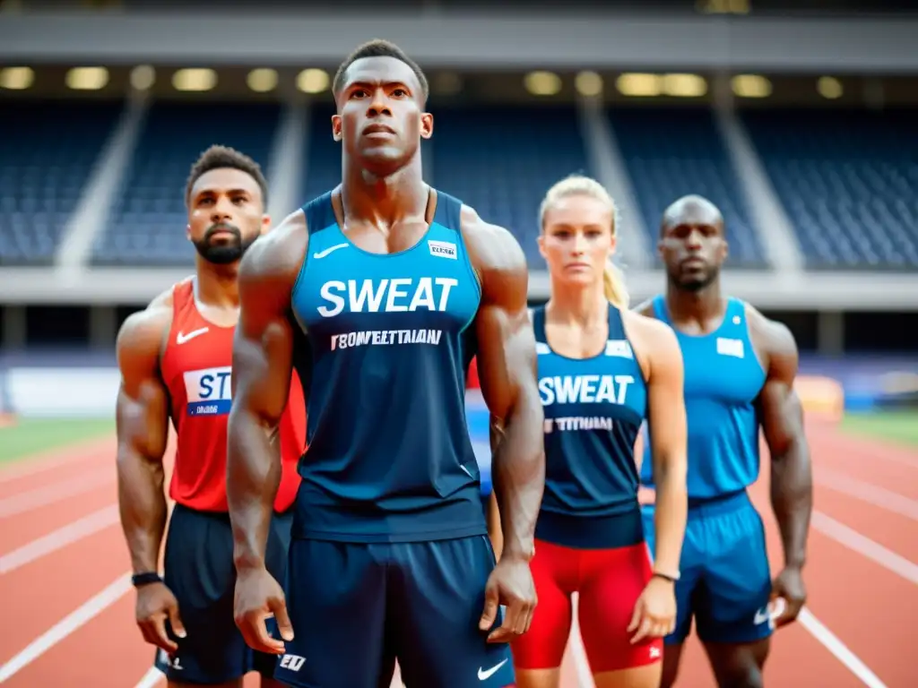 Un grupo de atletas profesionales con ropa de entrenamiento para competición, listos para la competencia en una pista, llenos de determinación