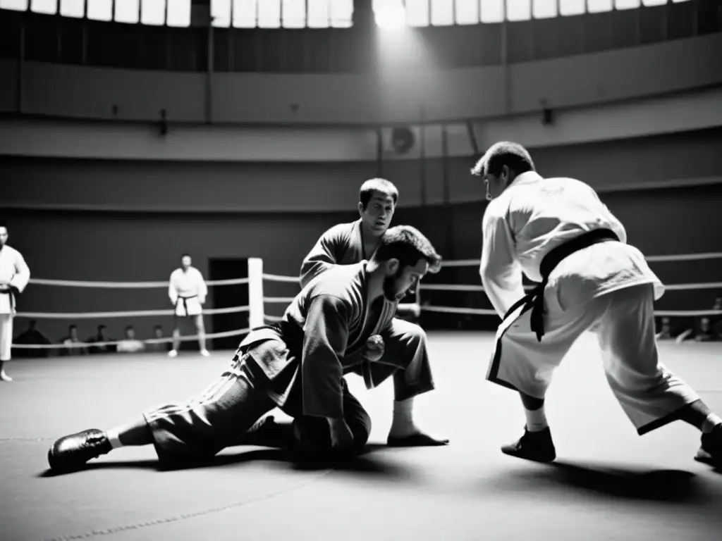 Grupo de atletas practicando Sambo en un gimnasio soviético, evocando la historia del arte marcial Sambo con intensidad y determinación