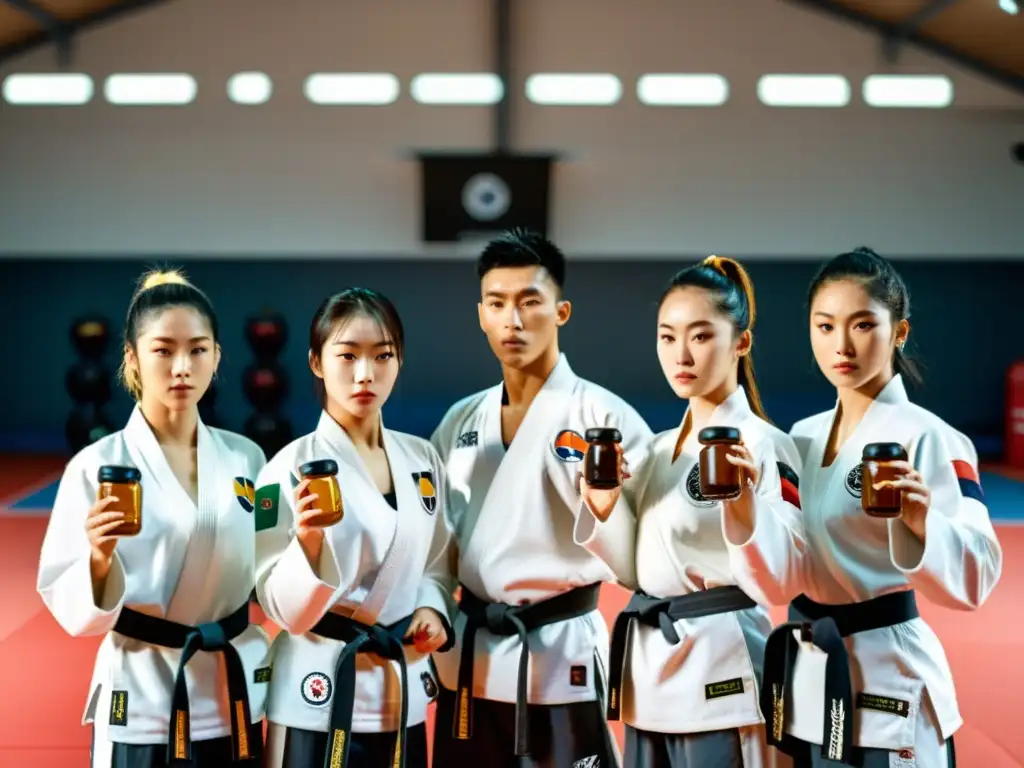 Grupo de atletas de taekwondo profesionales concentrandose antes de entrenar, sosteniendo vitaminas para desempeño en Taekwondo