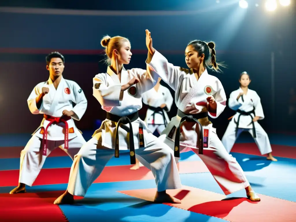 Grupo de atletas de karate en uniformes blancos ejecutando kata en competencia