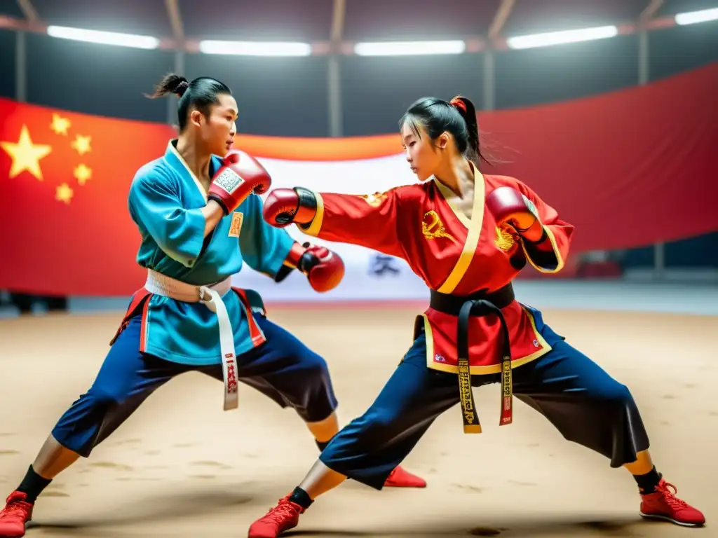 Un grupo de atletas de Sanda en uniformes chinos tradicionales realizando una rutina dinámica de boxeo en una arena espaciosa y bien iluminada