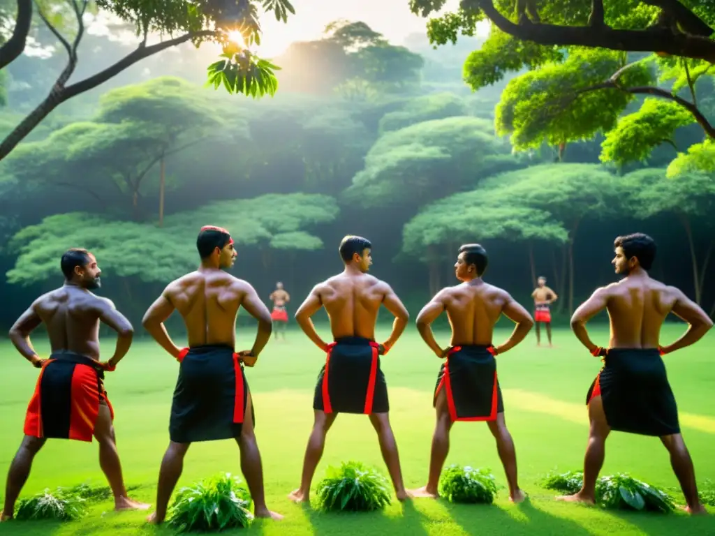 Un grupo en atuendo tradicional de Kalaripayattu realiza entrenamiento en un claro del bosque