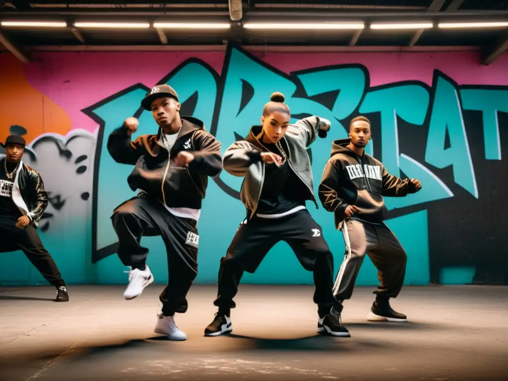 Un grupo de bailarines de hip hop y artistas marciales fusionados en movimientos dinámicos y sincronizados, con atuendos urbanos inspirados en uniformes de artes marciales