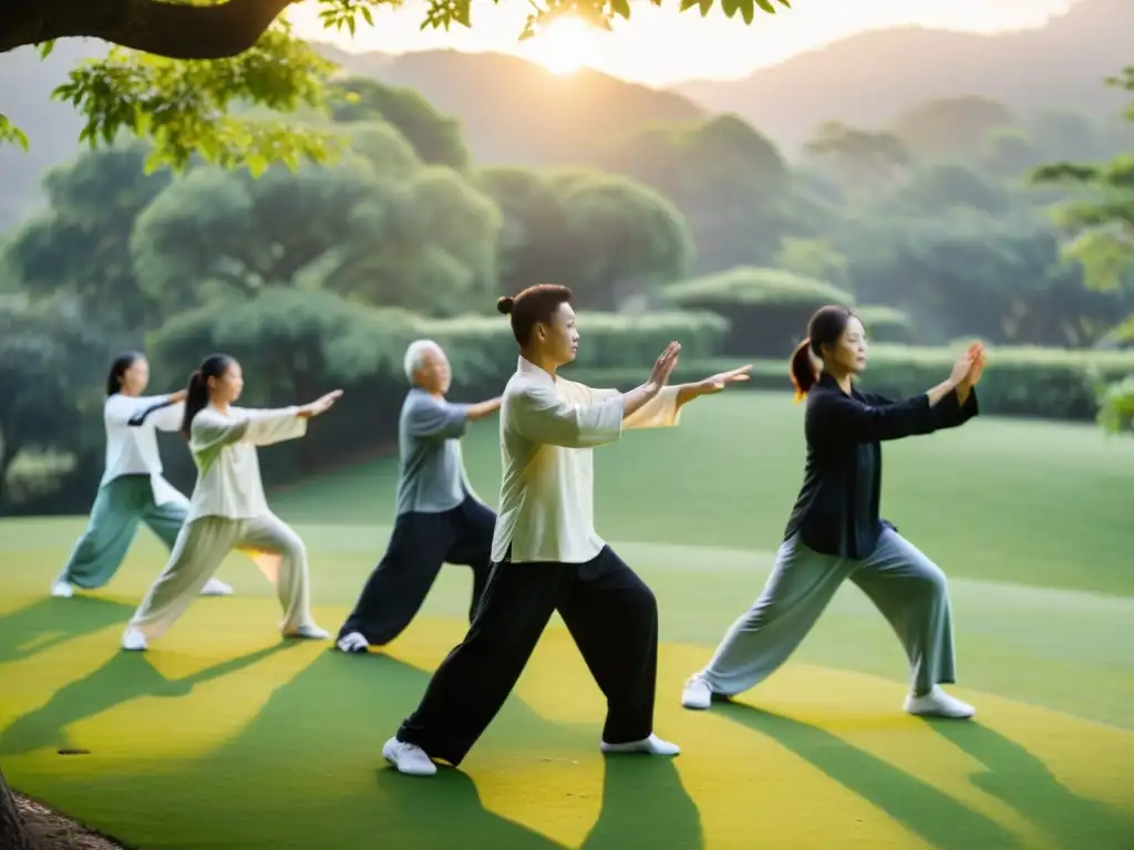 Un grupo disfruta de los beneficios del chi kung y tai chi en un escenario natural y sereno, bajo la cálida luz matutina