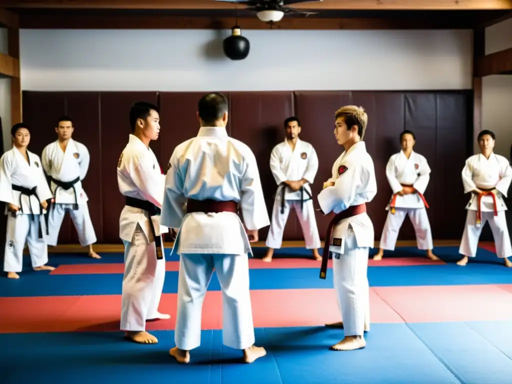 Grupo de karatecas en gi blanco listos para un kumite en uno de los torneos de karate más prestigiosos, mostrando determinación y enfoque en el dojo