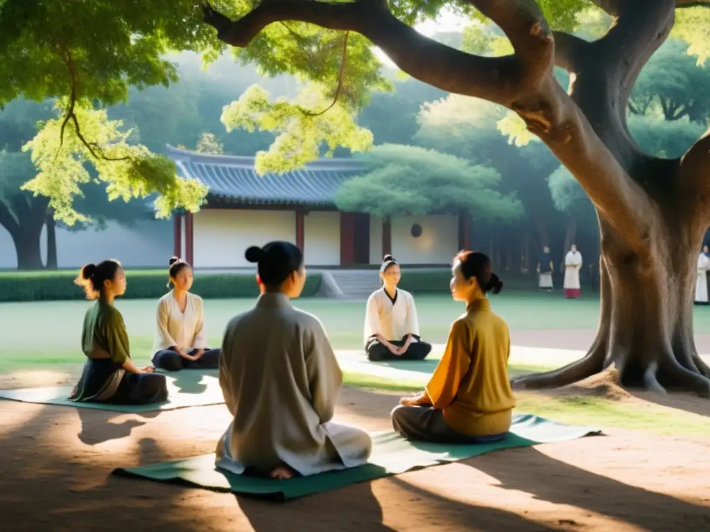 Grupo practicando Qigong Tai Chi en un bosque antiguo, en armonía con la serenidad natural