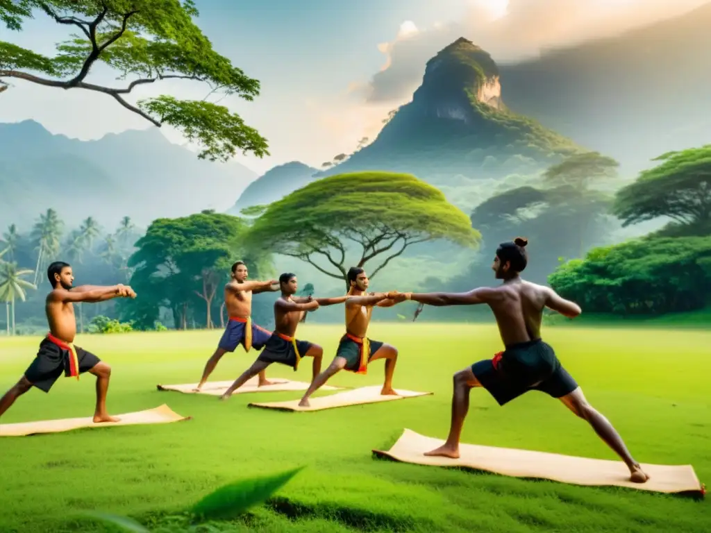 Grupo practicando Kalaripayattu en el bosque, irradiando energía tranquila y determinación