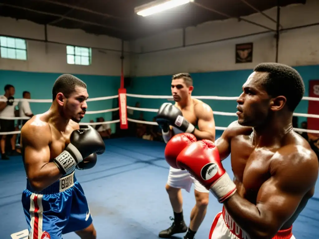 Grupo de boxeadores cubanos perfeccionando sus habilidades en un gimnasio de boxeo auténtico en Cuba, con determinación y pasión