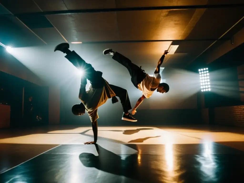 Grupo de breakdancers y artistas marciales ejecutando movimientos desafiantes en un estudio subterráneo, fusionando HipHop y artes marciales