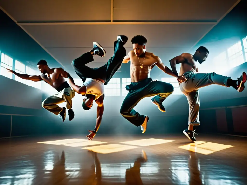 'Grupo de breakdancers ejecutando movimientos inspirados en artes marciales con precisión y fluidez, mostrando fuerza y control