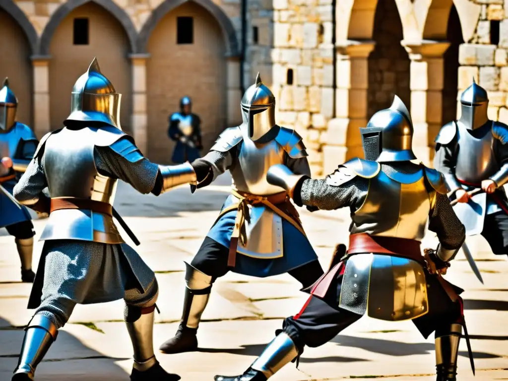 Un grupo de caballeros medievales practican artes marciales en un patio soleado, demostrando técnicas con espadas, lanzas y escudos