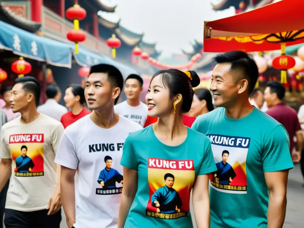 Grupo con camisetas kung fu en bullicioso mercado chino, reflejando orgullo y mensaje cultural