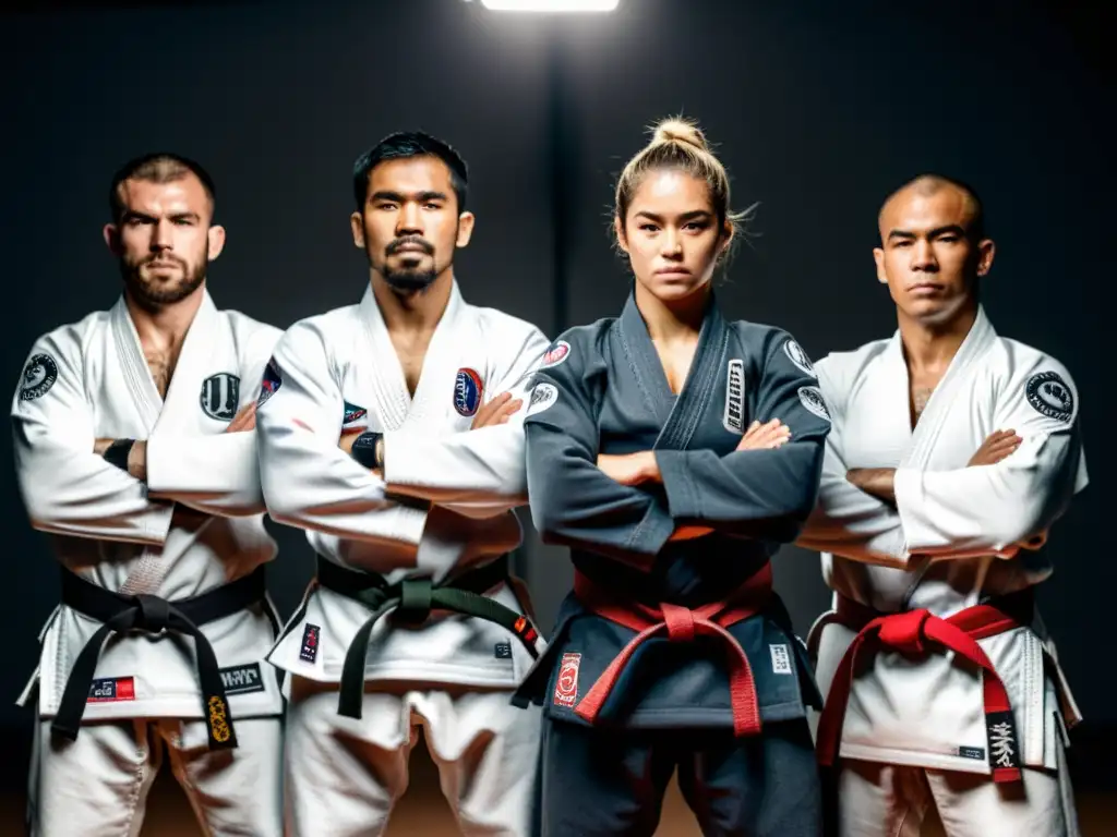 Grupo de campeones de JiuJitsu demostrando técnicas en un gimnasio, exudando fuerza, disciplina y éxito