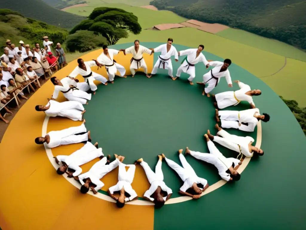 Grupo practicando capoeira en círculo, con espectadores