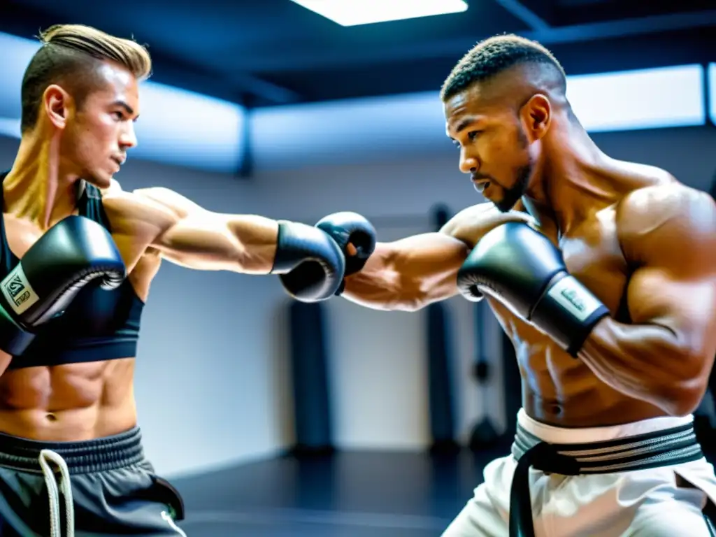 Un grupo de capoeiristas y kickboxers con accesorios de entrenamiento de alta tecnología practican en un dojo moderno