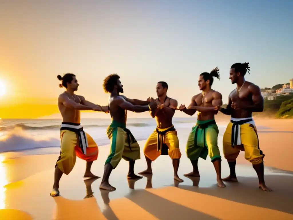 Grupo de capoeiristas realizando acrobacias en la playa al atardecer, con olas rompiendo al fondo