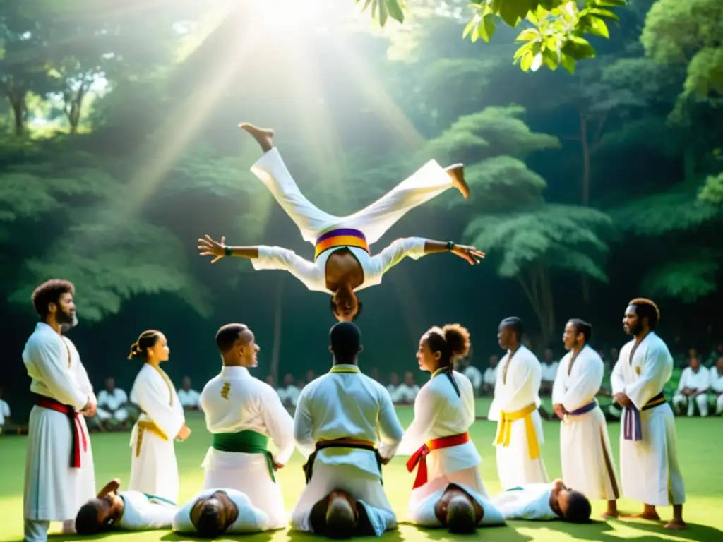 Grupo de capoeiristas en un animado roda en el bosque