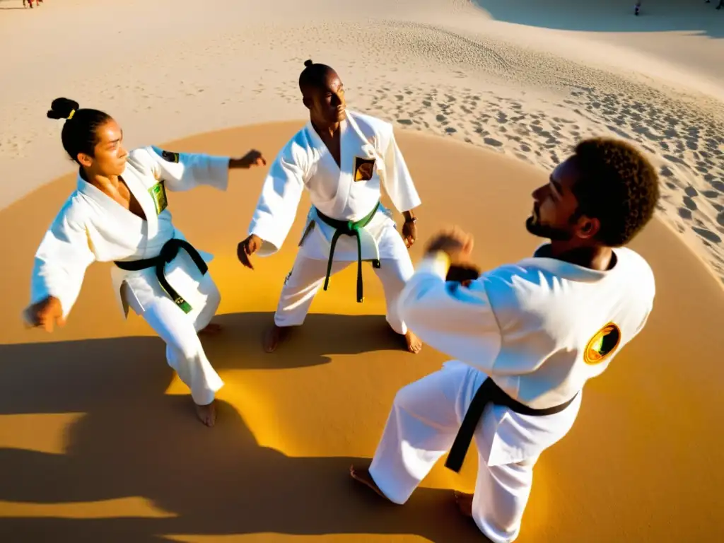 Grupo de capoeiristas en un círculo, practicando con ética y disciplina al atardecer, rodeados de naturaleza exuberante