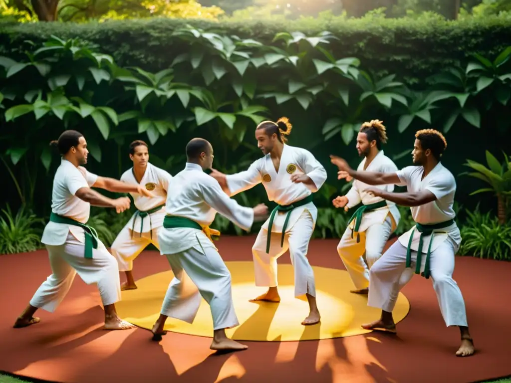 Grupo de capoeiristas ejecutando movimientos acrobáticos al atardecer, resaltando la importancia de la cantiga en Capoeira