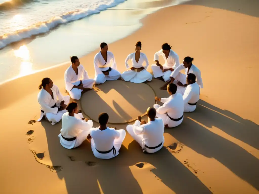 Grupo de capoeiristas en la playa al atardecer, mostrando la pasión y fuerza de practicar Capoeira