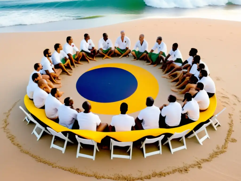 Grupo de capoeiristas en roda en la playa, mostrando la importancia de la cantiga en Capoeira