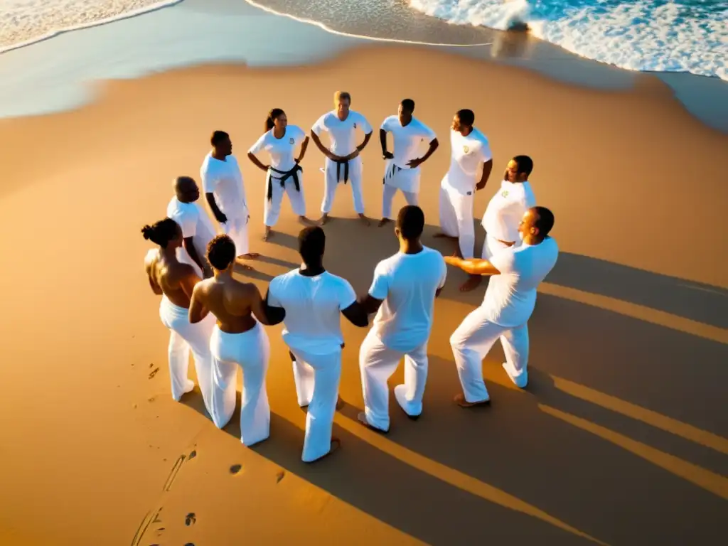 Grupo de capoeiristas en un roda vibrante en la playa al atardecer