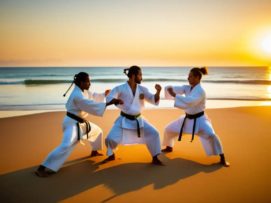 Un grupo de capoeiristas en trajes blancos practicando en círculo en una playa al atardecer, con el océano de fondo