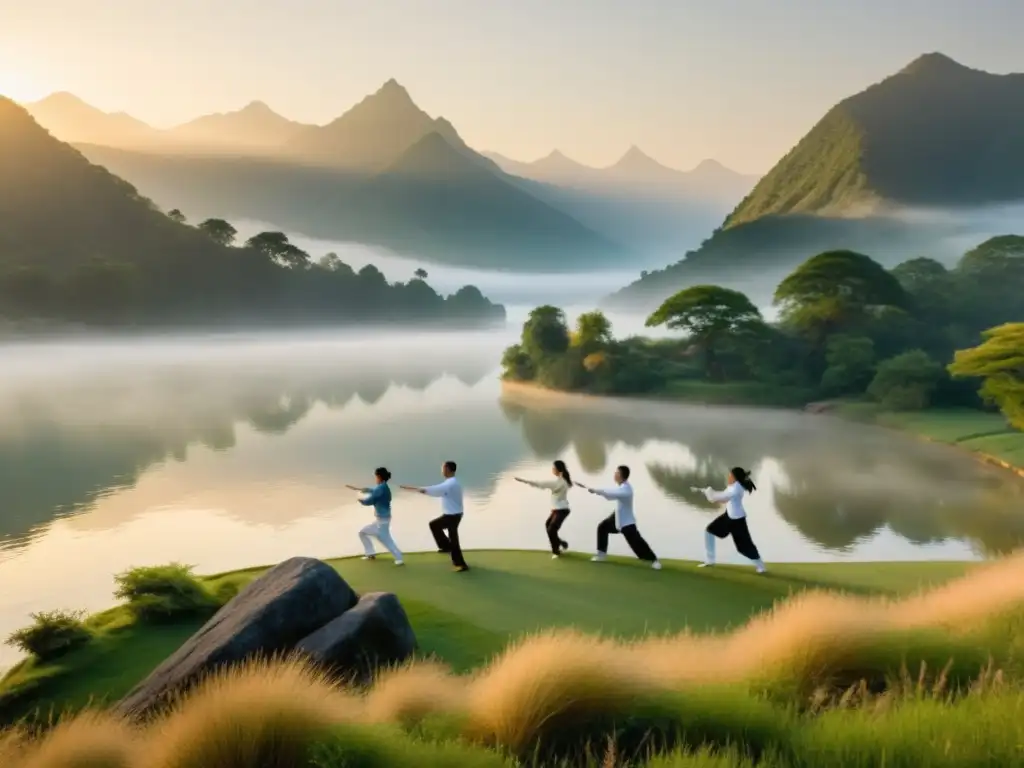 Grupo en armonía practicando Tai Chi al amanecer, conectando cuerpo y mente con los beneficios del chi kung tai chi