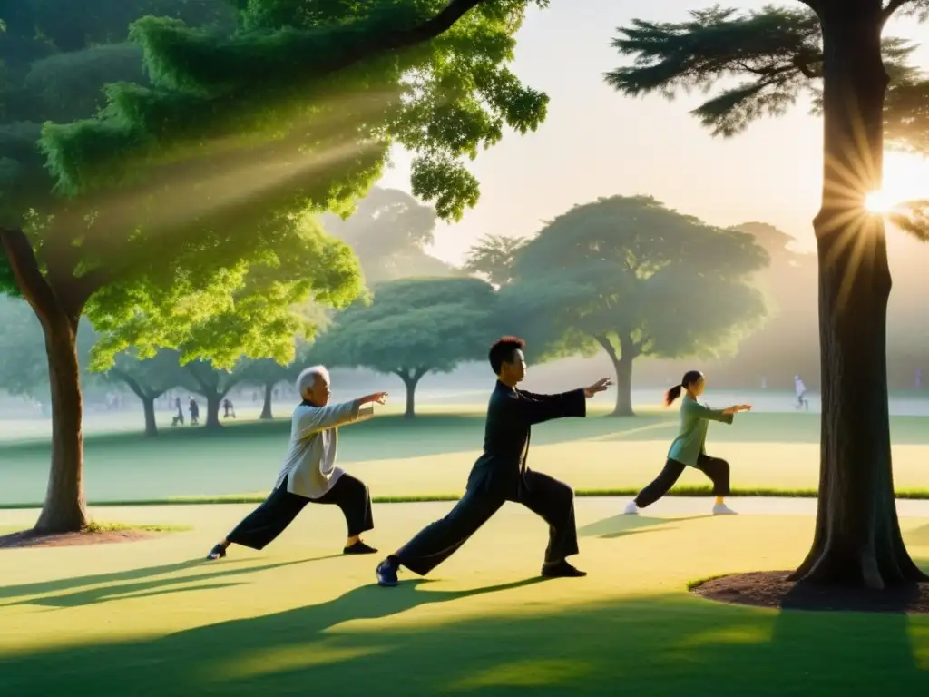 Grupo practicando Tai Chi al amanecer en un parque, creando una atmósfera de paz y conexión con beneficios Chi Kung Tai Chi