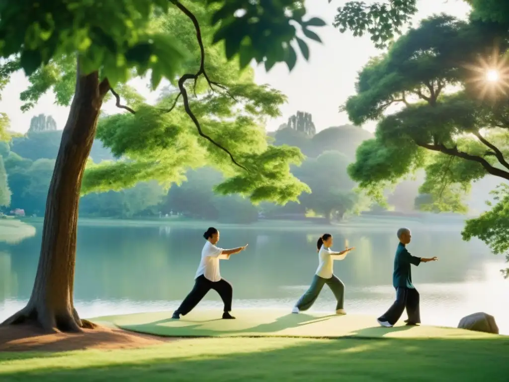 Grupo en armonía practicando Tai Chi en un parque sereno y soleado, rodeado de naturaleza exuberante y un lago apacible