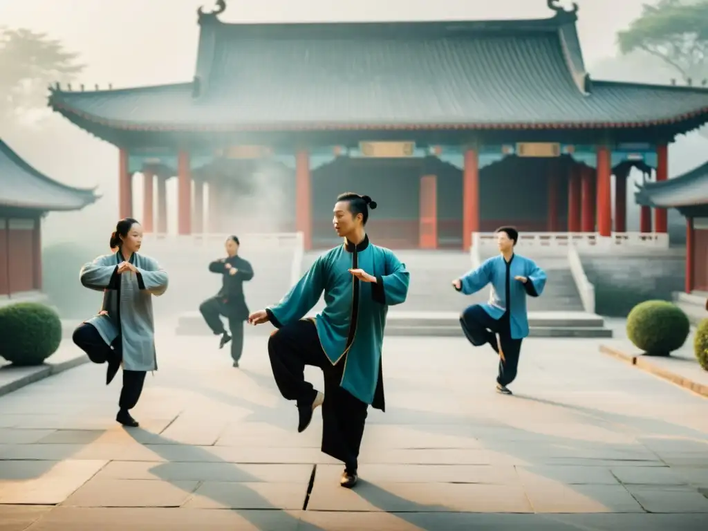 Grupo practicando Tai Chi en un patio chino neblinoso al amanecer