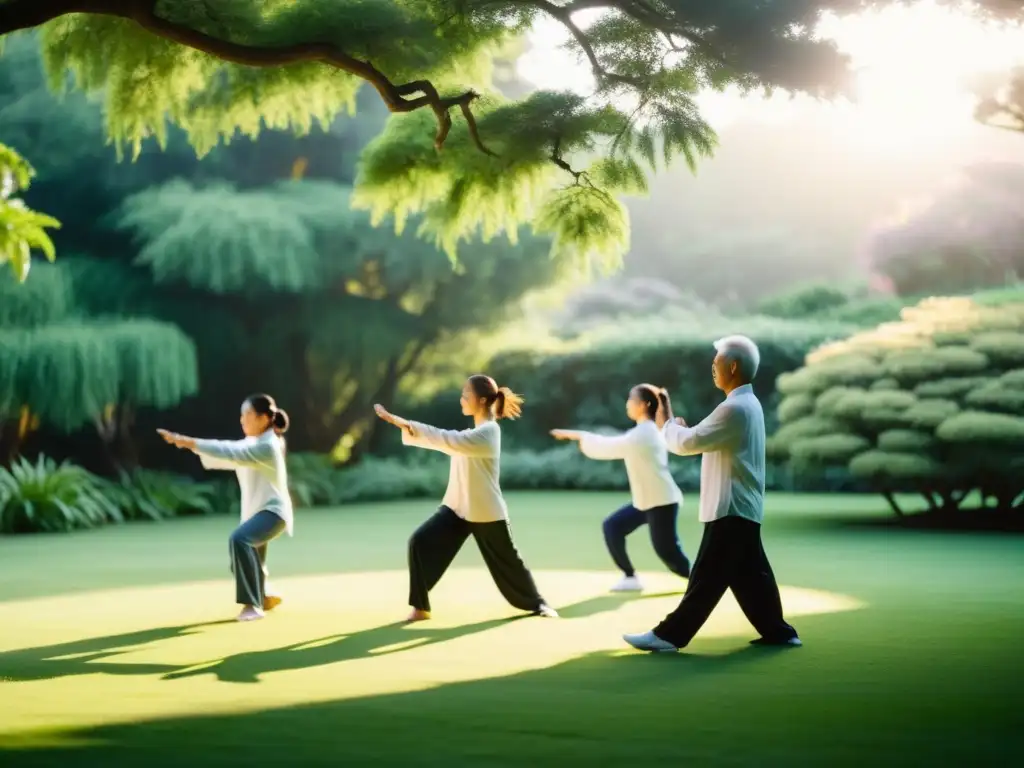 Grupo practicando Tai Chi al amanecer en un jardín sereno, reflejando la espiritualidad del Tai Chi con movimientos gráciles y serenidad