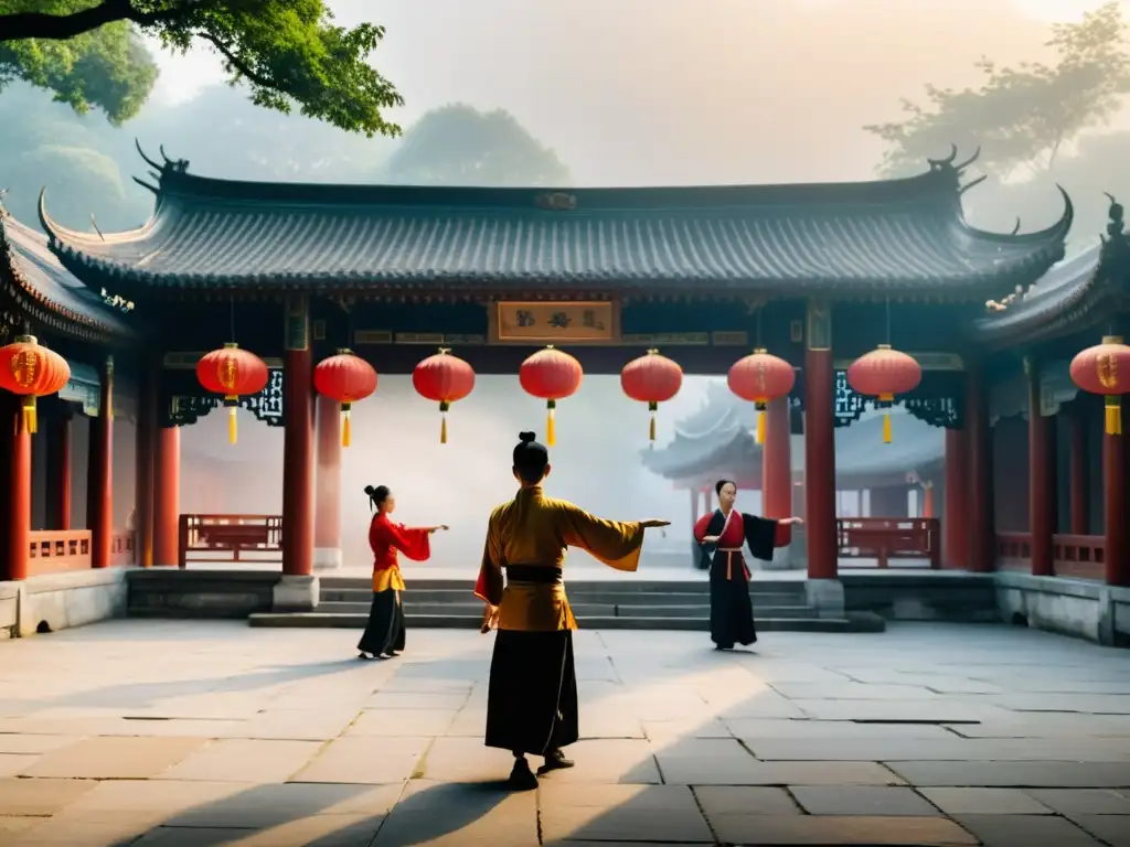 Grupo practicando Tai Chi al amanecer en un templo chino, evocando los orígenes del Kung Fu en China