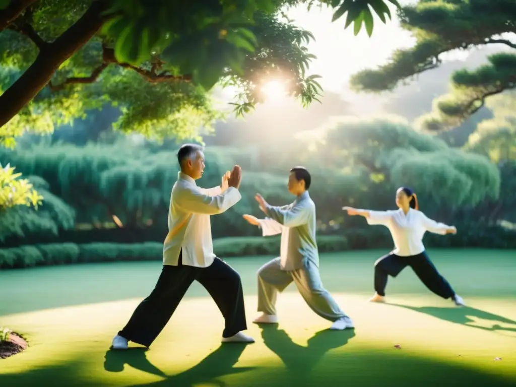 Práctica de Tai Chi Chuan al amanecer en un jardín sereno Un grupo practica Tai Chi Chuan al amanecer en un jardín sereno y exuberante, creando una fusión del Tai Chi Chuan con la naturaleza