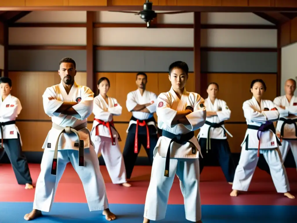 Grupo de cinturones negros en seminario de karate, demostración del sensei y alumnos atentos en un dojo iluminado por el sol