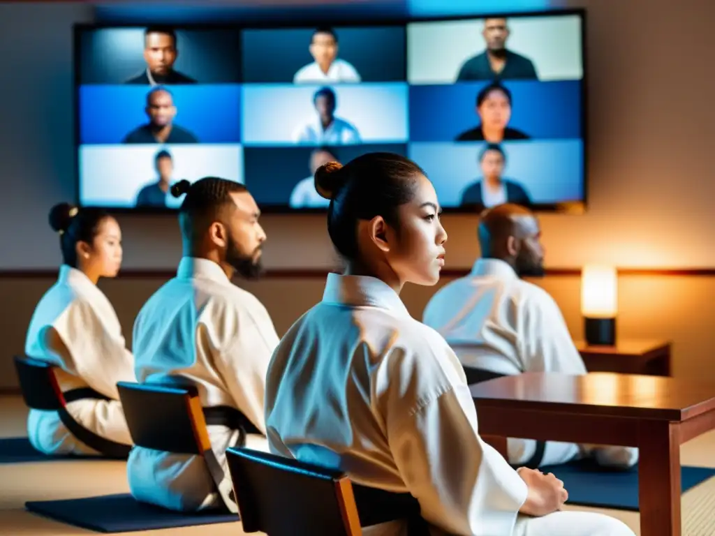 Grupo de cinturones negros en seminario de karate online, atentos a la sabiduría del sensei virtual