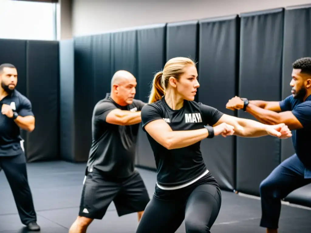 Un grupo de civiles practicando técnicas de Krav Magá en un centro de entrenamiento espacioso y bien iluminado