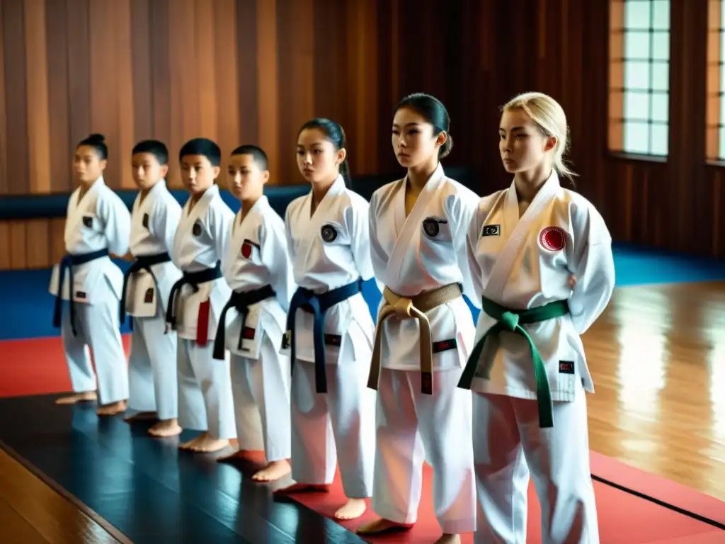 Grupo de competidores de karate en uniformes blancos en un dojo, mostrando determinación y disciplina en la preparación para competiciones de karate