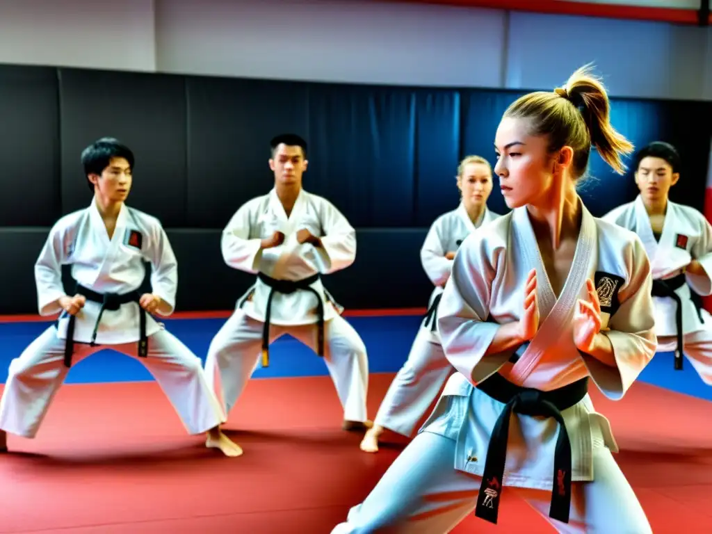 Grupo de karatekas competitivos realizando entrenamiento cruzado, exhibiendo determinación en yoga, pesas y sprint