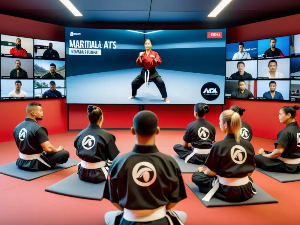 Grupo concentrado en entrenamiento virtual de artes marciales, mostrando motivación en práctica marcial a distancia