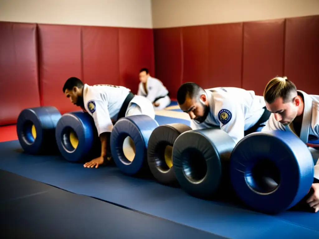 Grupo concentrado de practicantes de Jiu Jitsu en entrenamiento mental y estratégico en un dojo tradicional, mostrando determinación y disciplina