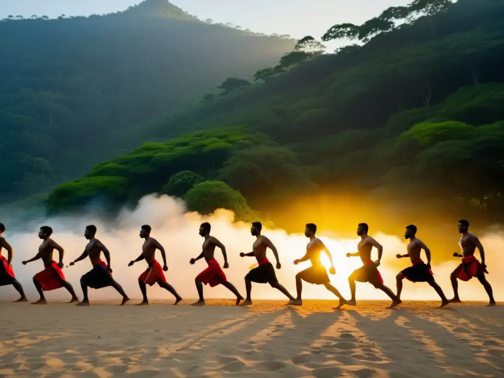 Grupo dedicado en un retiro de entrenamiento de Kalaripayattu practicando al amanecer en un exuberante bosque neblinoso