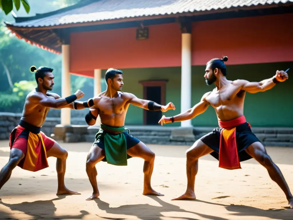 Grupo practicando Kalaripayattu al amanecer, destacando su destreza física y enfoque intenso