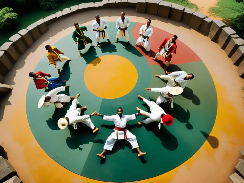 Grupo dinámico de practicantes de Capoeira en roda, reflejando la intensidad y la gracia de la historia afrobrasileña de Orígenes Capoeira