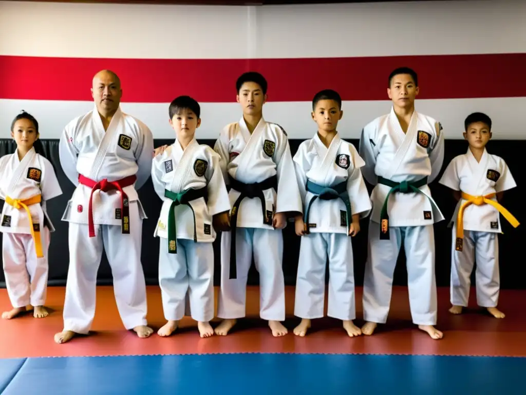 Grupo disciplinado de niños en uniforme oficial de artes marciales, aprendiendo con su instructor en un dojo japonés