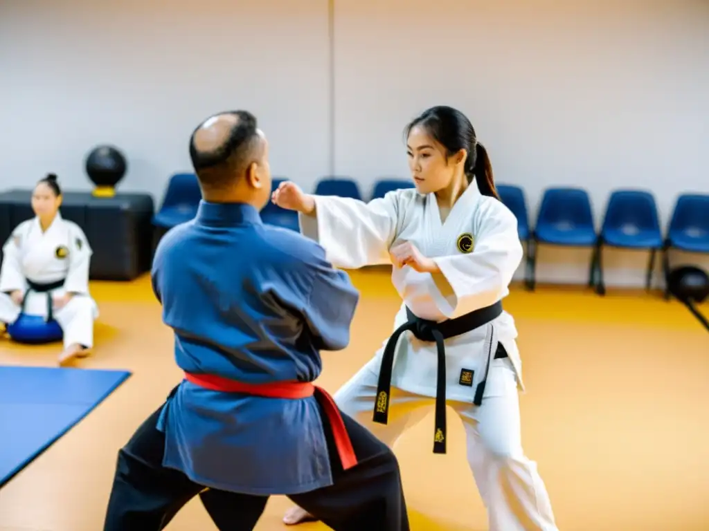 Grupo diverso practica karate adaptado para discapacitados con determinación y apoyo personalizado en un estudio luminoso y espacioso